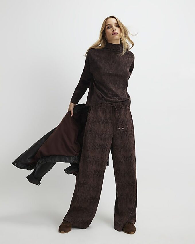 Brown Premium Crinkle Effect Wide Leg Joggers