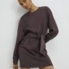 Brown Premium Tie Front Mini Sweatshirt Dress