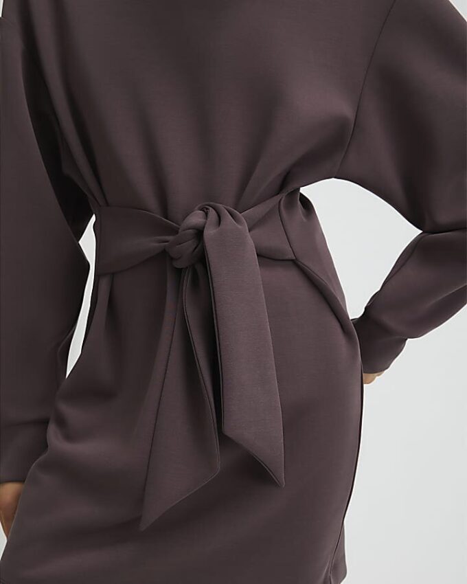 Brown Premium Tie Front Mini Sweatshirt Dress