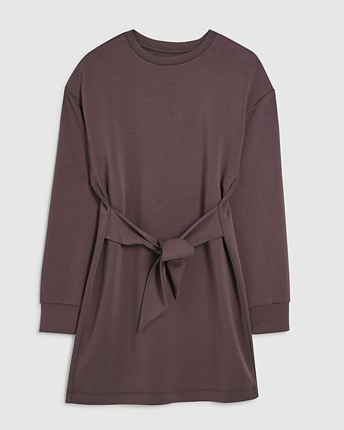 Brown Premium Tie Front Mini Sweatshirt Dress