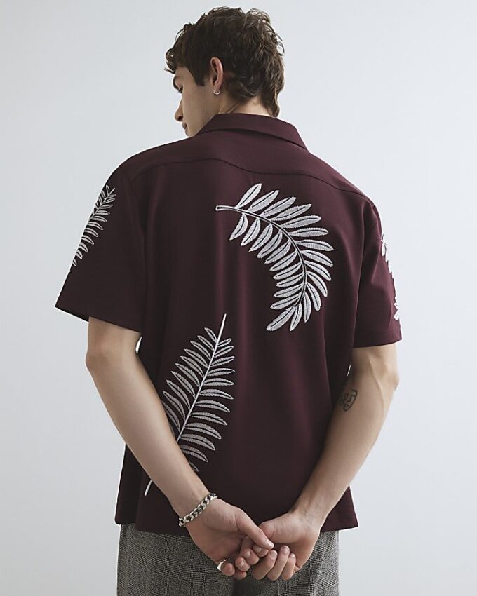 Brown Regular Fit Leaf Embroidered Shirt
