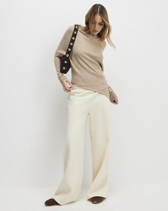 Brown Ribbed Off The Shoulder Jumper