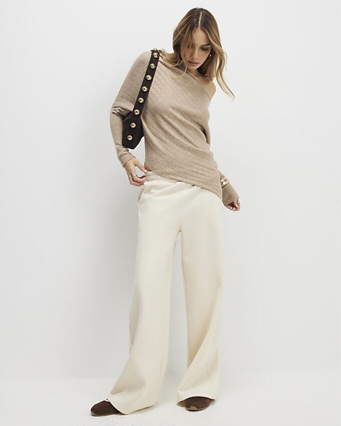 Brown Ribbed Off The Shoulder Jumper
