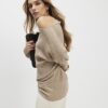 Brown Ribbed Off The Shoulder Jumper