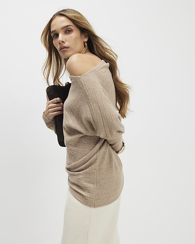 Brown Ribbed Off The Shoulder Jumper
