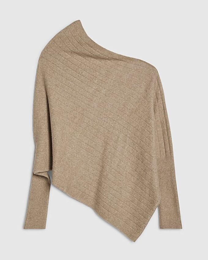 Brown Ribbed Off The Shoulder Jumper