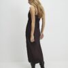 Brown Satin Cowl Neck Lace Trim Midi Dress