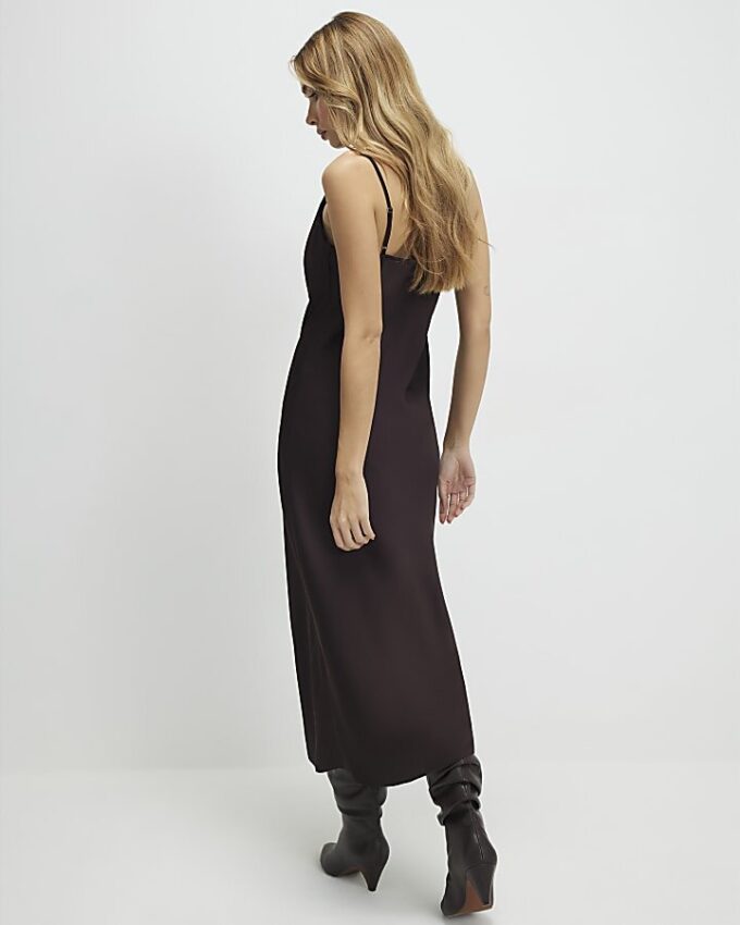 Brown Satin Cowl Neck Lace Trim Midi Dress