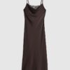 Brown Satin Cowl Neck Lace Trim Midi Dress