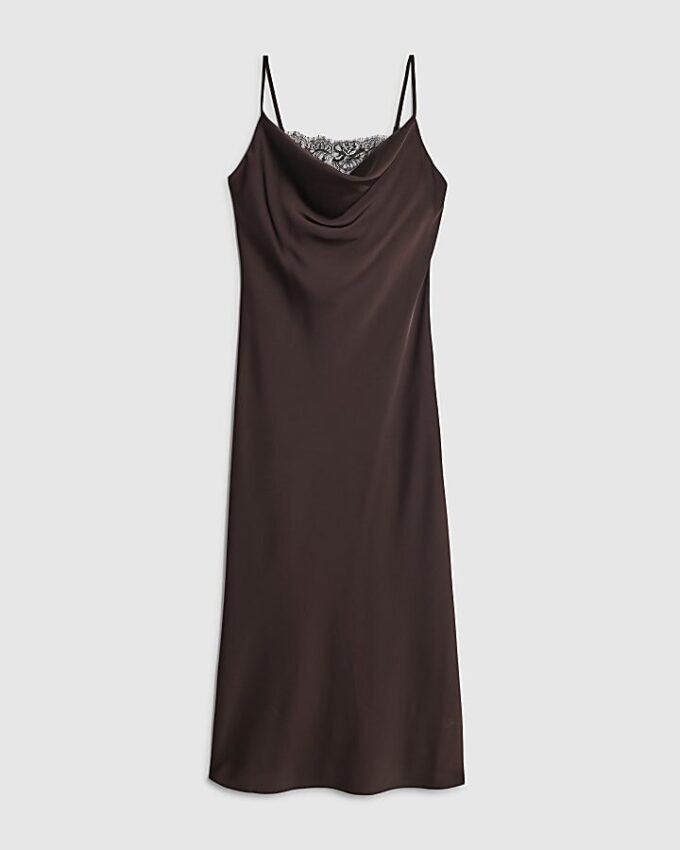 Brown Satin Cowl Neck Lace Trim Midi Dress
