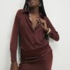 Brown Satin Long Sleeve Slim Fit Shirt