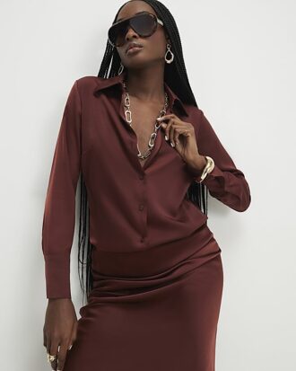 Brown Satin Long Sleeve Slim Fit Shirt Brown Satin Long Sleeve Slim Fit Shirt
