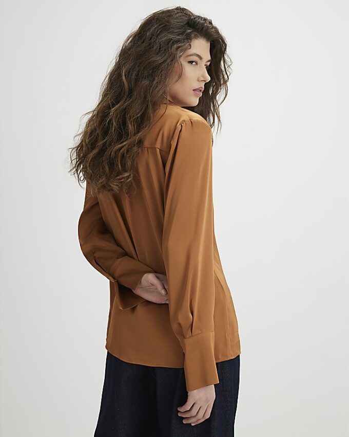 Brown Satin Long Sleeve Slim Fit Shirt