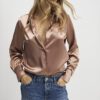 Brown Satin Slim Fit Long Sleeve Shirt