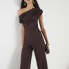 Brown Short Sleeve Asymmetric Drape Jumpsuit