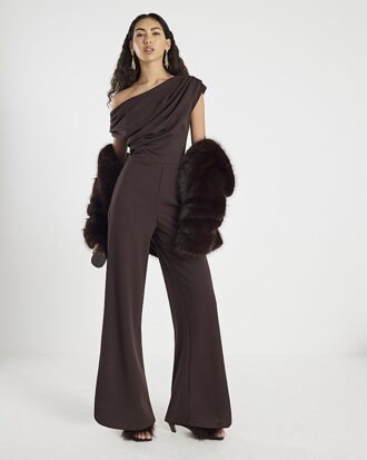 Brown Short Sleeve Asymmetric Drape Jumpsuit