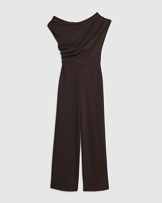 Brown Short Sleeve Asymmetric Drape Jumpsuit