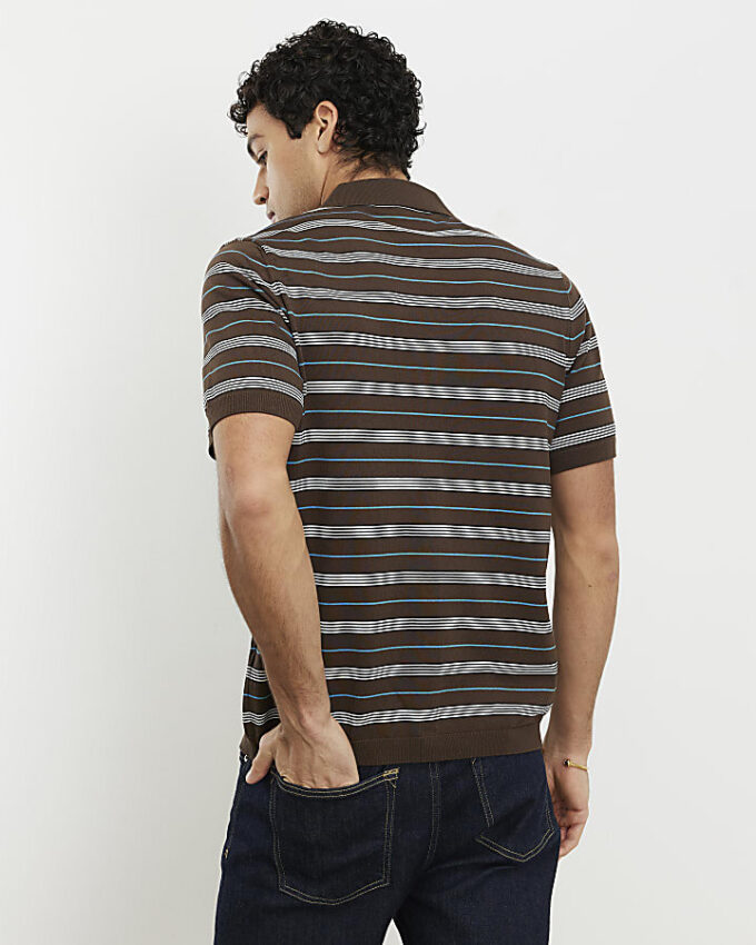 Brown Short Sleeve Knitted Stripe Shirt