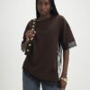 Brown Short Sleeve Lace Trim Asymmetric Top