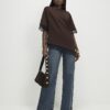 Brown Short Sleeve Lace Trim Asymmetric Top