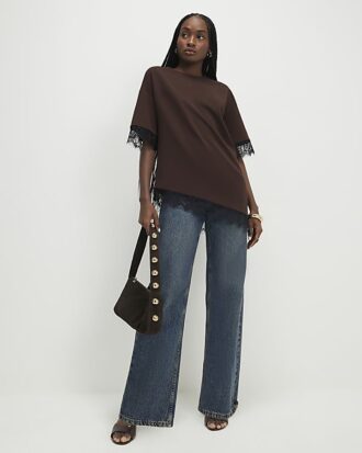 Brown Short Sleeve Lace Trim Asymmetric Top