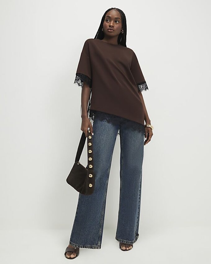 Brown Short Sleeve Lace Trim Asymmetric Top