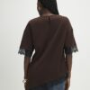 Brown Short Sleeve Lace Trim Asymmetric Top