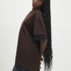 Brown Short Sleeve Lace Trim Asymmetric Top