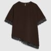 Brown Short Sleeve Lace Trim Asymmetric Top