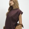 Brown Short Sleeve Pleat Shoulder T-shirt