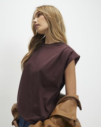 Brown Short Sleeve Pleat Shoulder T-shirt