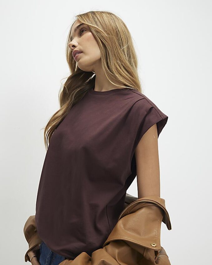 Brown Short Sleeve Pleat Shoulder T-shirt