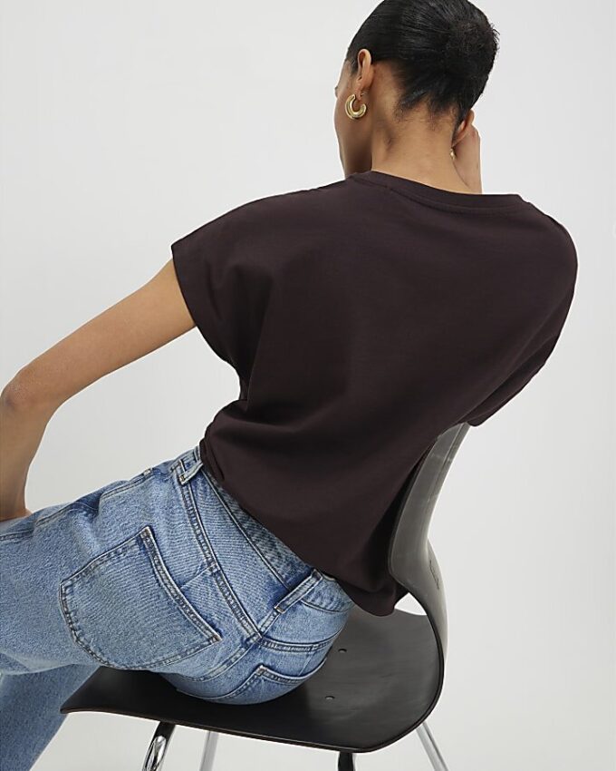 Brown Short Sleeve Twist Front T-Shirt
