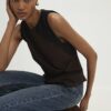Brown Sleeveless Lace Trim Top