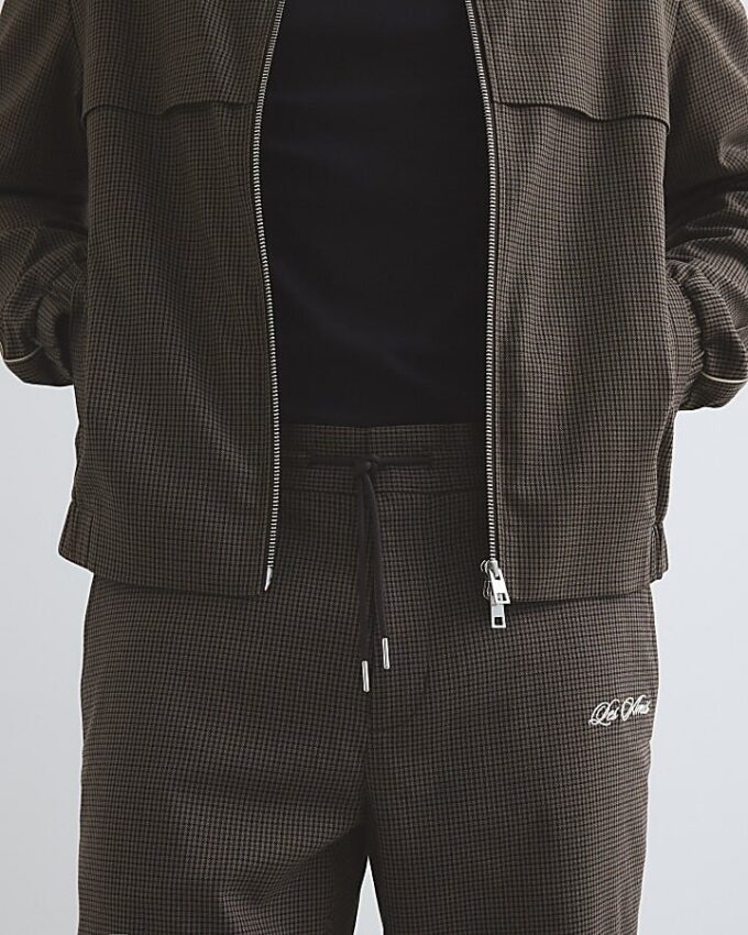 Brown Slim Fit Puppytooth Piped Trousers