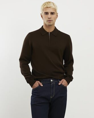 Brown Slim Fit Zip Polo Jumper