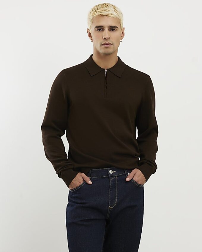 Brown Slim Fit Zip Polo Jumper