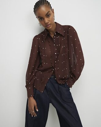Brown Spot Print Scallop Trim Shirt Brown Spot Print Scallop Trim Shirt
