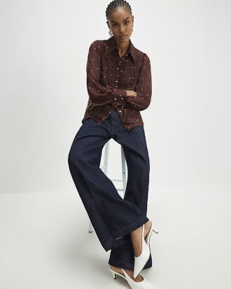 Brown Spot Print Scallop Trim Shirt Brown Spot Print Scallop Trim Shirt