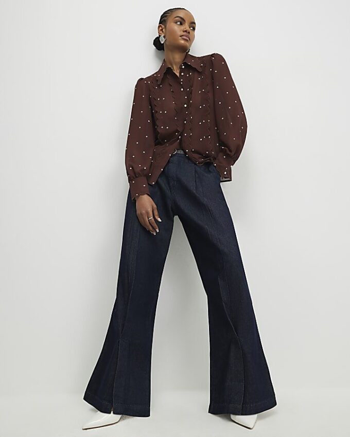 Brown Spot Print Scallop Trim Shirt