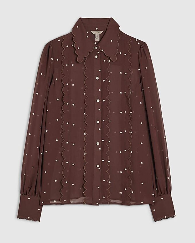 Brown Spot Print Scallop Trim Shirt