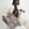 Brown Striped Roll Top Shopper Bag