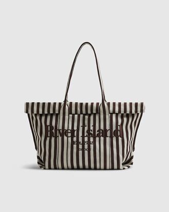 Brown Striped Roll Top Shopper Bag