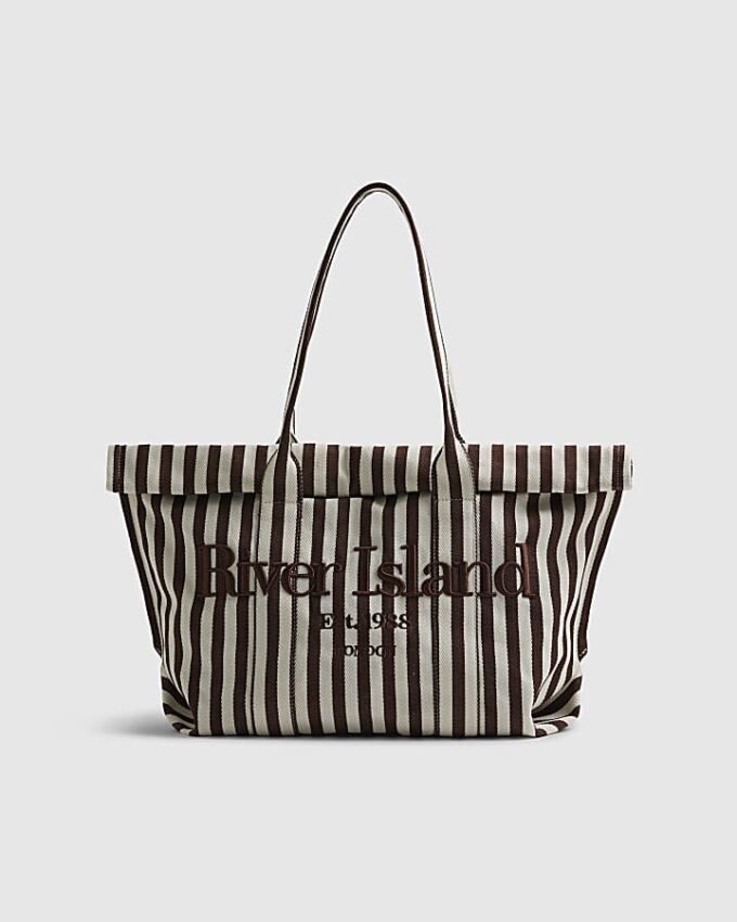 Brown Striped Roll Top Shopper Bag