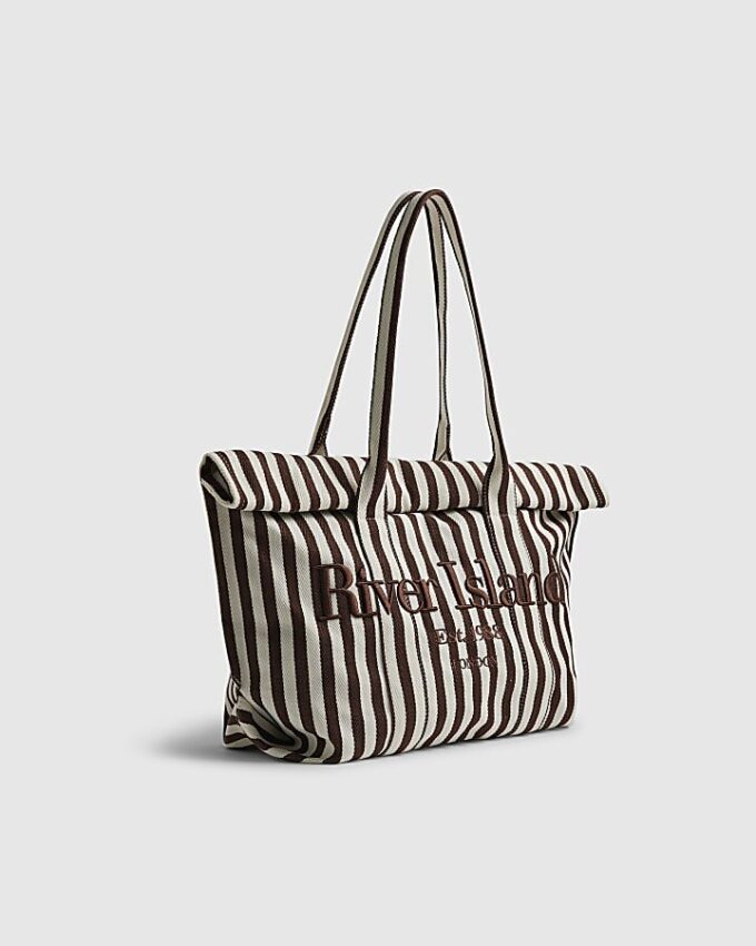 Brown Striped Roll Top Shopper Bag