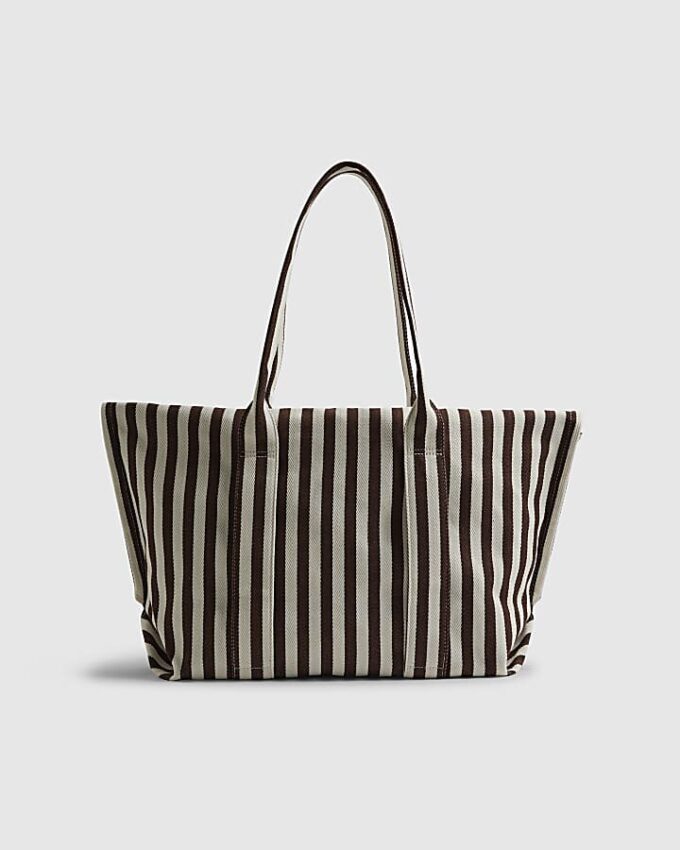 Brown Striped Roll Top Shopper Bag