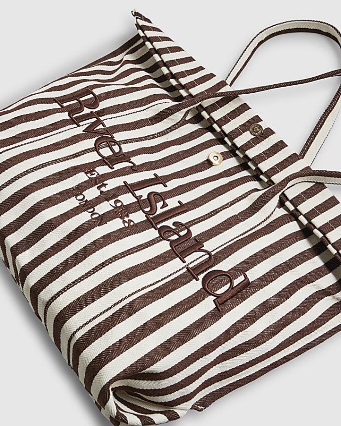 Brown Striped Roll Top Shopper Bag