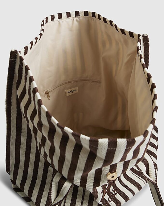 Brown Striped Roll Top Shopper Bag