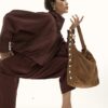 Brown Studded Suede Slouch Shoulder Bag