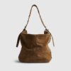 Brown Studded Suede Slouch Shoulder Bag